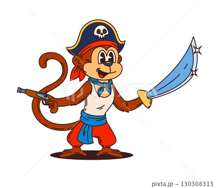 Cartoon funny monkey pirate animal character. Isolated vector mischievous jungle ape corsair personage with swirly tail, tricorn hat, pistol and sword in hand ready for high seas adventures and attack Cartoon funny monkey pirate animal character. Isolated vector mischievous jungle ape corsair personage with swirly tail, tricorn hat, pistol and sword in hand ready for high seas adventures and attack 130308313