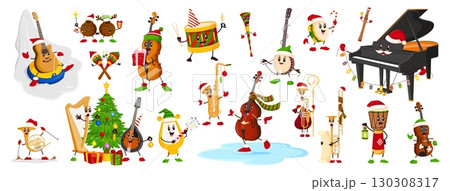Cartoon musical instrument characters on Christmas and winter holiday. Vector set of funny piano, guitar, drums and violin, harp, cello and banjo wear Santa hats, scarves and mitten festive activities 130308317