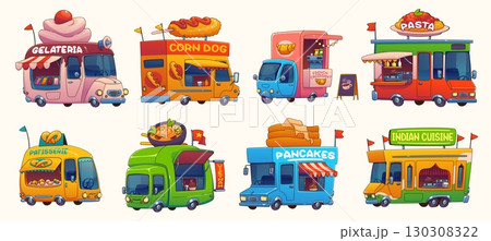 Cartoon food truck cars, festival street foodtruck vans of ice cream gelateria, croissant patisserie, italian and indian cuisine restaurants. Vector fast food trucks, corn dog and pancake trailer vans 130308322