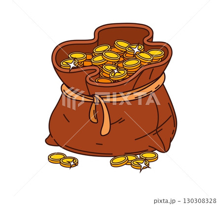 Cartoon groovy pirate treasure, burlap sack filled with gold coins and tied with a rope. Vector old bag open and overflowing with wealth. Corsair adventure game asset, icon of loot of filibuster money 130308328