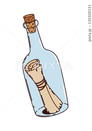 Cartoon groovy pirate and corsair symbol of message in bottle, vector Caribbean adventure. Message in bottle or parchment roll and paper letter notice for marine sailing or pirate and corsair game 130308331