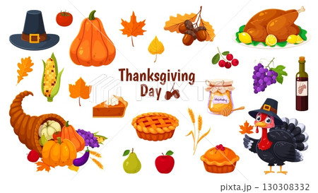Cartoon Thanksgiving day characters and food. Vector autumn holiday set of turkey, seasonal meals, fall leaves, and harvest items. Pumpkin, corn, tomato, grapes and cornucopia, pie and wine bottle 130308332