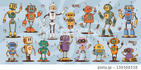 Groovy robot and droid characters. Vector set of cartoon vintage ai cyborgs with expressive faces, mechanical parts, gears, wires and antennas, evoking a playful and retro futuristic y2k vibes . Groovy robot and droid characters. Vector set of cartoon vintage ai cyborgs with expressive faces, mechanical parts, gears, wires and antennas, evoking a playful and retro futuristic y2k vibes . 130308338