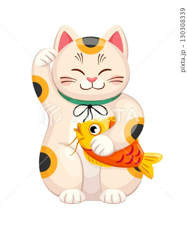 Maneki neko Japanese lucky cat with golden koi fish for luck or fortune, cartoon vector. Maneki neko cat or animal toy character with Chinese koi fish and waving paw for luck and fortune symbol Maneki neko Japanese lucky cat with golden koi fish for luck or fortune, cartoon vector. Maneki neko cat or animal toy character with Chinese koi fish and waving paw for luck and fortune symbol 130308339