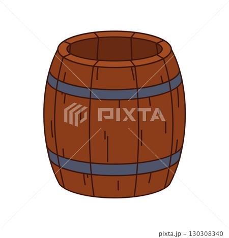 Cartoon groovy pirate and corsair empty wooden barrel. Vector rustic, wood, cylindrical cask, bound by metal hoops. Pub or bar brewery item for storing rum, gunpowder, gold, beer, wine or provision 130308340