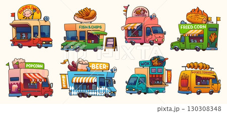 Food truck cars, festival street foodtruck vans of cartoon popcorn, dumplings, wok and beer drink shop on wheel. Vector restaurant food trucks with fish and chips, fried corn and potato tornado dishes 130308348