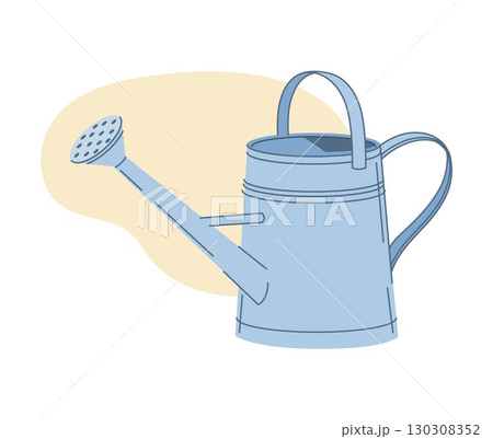 Metal watering can with a long spout and a large handle. Isolated vector hand tool for gardening or farming works, agricultural item for workers, farmers and gardeners. Rustic countryside water can 130308352