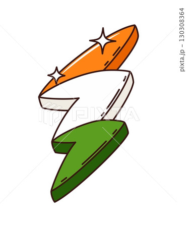 St Patrick day groovy thunderbolt lightning with Ireland flag colors. Cartoon vector retro holiday symbol. Isolated hippie flash, electric zigzag bolt shape with orange, white and green stripe pattern St Patrick day groovy thunderbolt lightning with Ireland flag colors. Cartoon vector retro holiday symbol. Isolated hippie flash, electric zigzag bolt shape with orange, white and green stripe pattern 130308364