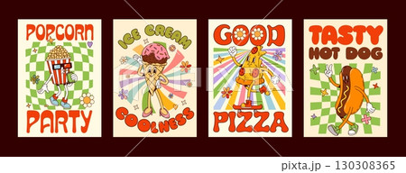 Cartoon groovy takeaway fast food characters and funny snacks, vector posters. Groovy fast food characters of funky pizza with popcorn, hot dog or ice cream with smile for retro groovy menu posters 130308365