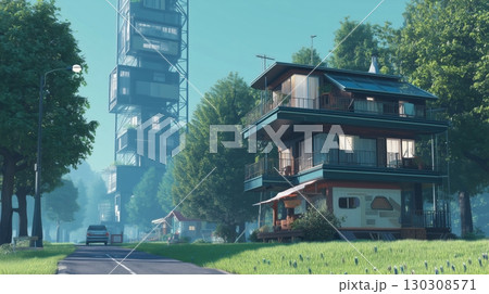 未来都市と自然共生型住宅の対比イラスト 未来都市と自然共生型住宅の対比イラスト 130308571