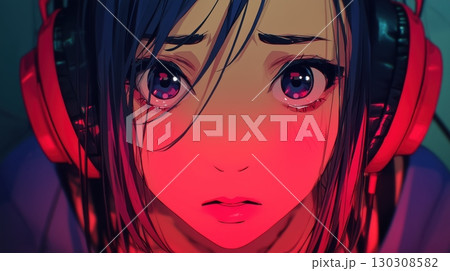感情あふれる配信中のアニメ風少女の表情 130308582