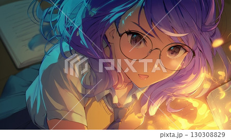 魔法の光を操る眼鏡の少女 イラスト 130308829