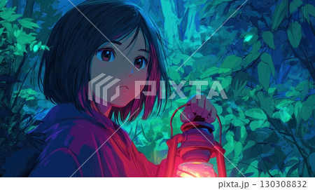 森の中でランタンを持つ黒髪の少女 イラスト 130308832