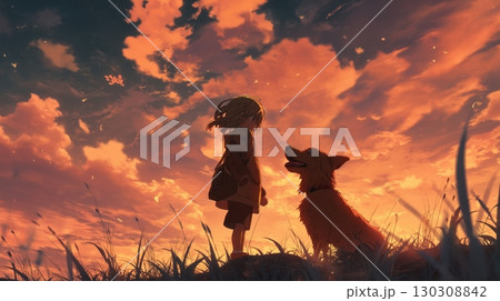 夕焼け空で犬と向き合う少女 イラスト 130308842