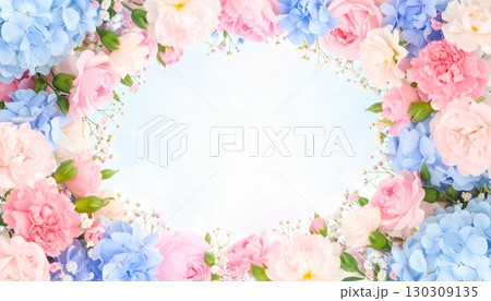 優しい春色に包まれた花のフレーム背景｜ピンクとブルーのカーネーション＆紫陽花 130309135