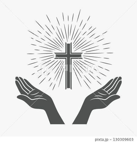 Black and White Open Hands with Cross and Divine Light, Symbol of Faith and Prayer. Design Template for Church Logo. Prayer, Religion Concept Monochrome Cut Out Silhouette Icon. Vector Illustration Black and White Open Hands with Cross and Divine Light, Symbol of Faith and Prayer. Design Template for Church Logo. Prayer, Religion Concept Monochrome Cut Out Silhouette Icon. Vector Illustration 130309603