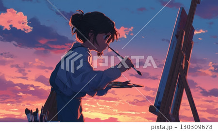 夕焼けの中でキャンバスに向かう女性画家 夕焼けの中でキャンバスに向かう女性画家 130309678