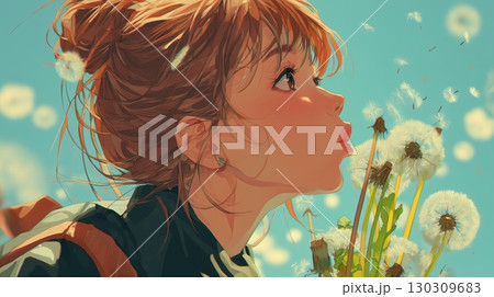 たんぽぽの綿毛を吹く少女の横顔 たんぽぽの綿毛を吹く少女の横顔 130309683