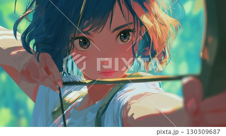 弓道の弓を引く真剣な表情の少女 130309687