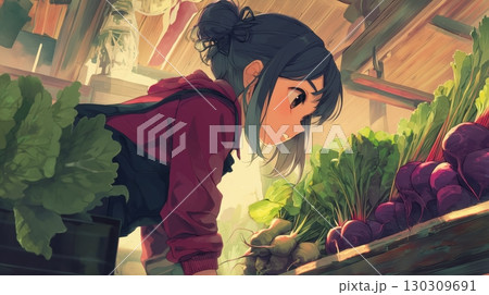 八百屋で野菜を選ぶ青い髪の少女 130309691