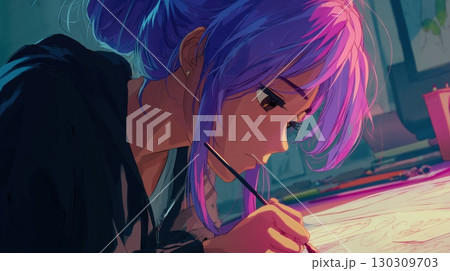 真剣に筆を握る紫髪の少女 真剣に筆を握る紫髪の少女 130309703