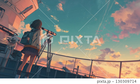 望遠鏡で夜空を観測する少女 130309714