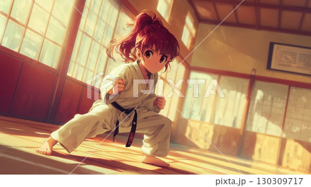 道場で空手の構えをとる少女 道場で空手の構えをとる少女 130309717