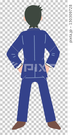 腰に手を当てているスーツの男性の後ろ姿のイラスト 腰に手を当てているスーツの男性の後ろ姿のイラスト 130309728