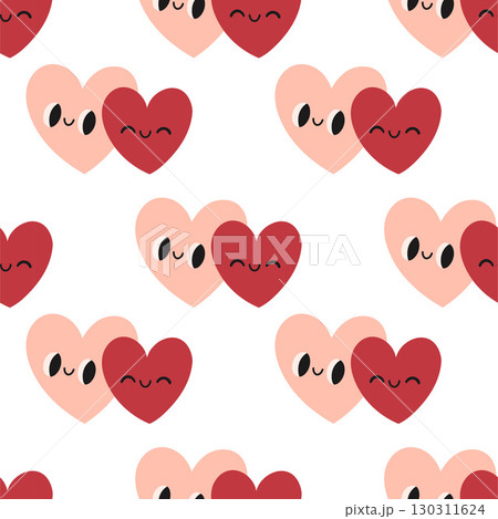 Pink and red hearts pattern on white. Vector seamless pattern with hearts. Lovely romantic endless background for Valentines day, holiday design, fabric. Hand drawn kids pattern with hearts. 130311624