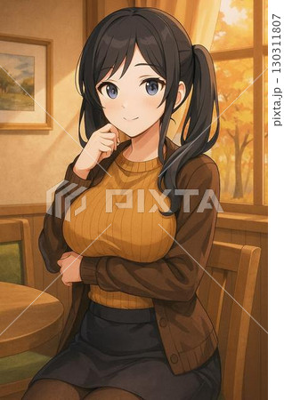 アンティークな椅子に座り、笑顔な女性 130311807