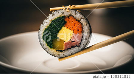 A Hand Holding a Piece of Gimbap with Chopsticks 130311815