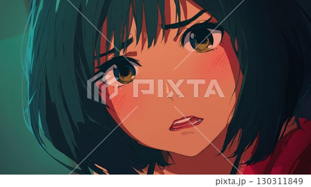 困惑する表情のアニメ風女性キャラクターイラスト 130311849