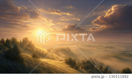 朝日が照らす丘陵と広がる雲海の風景 130311892