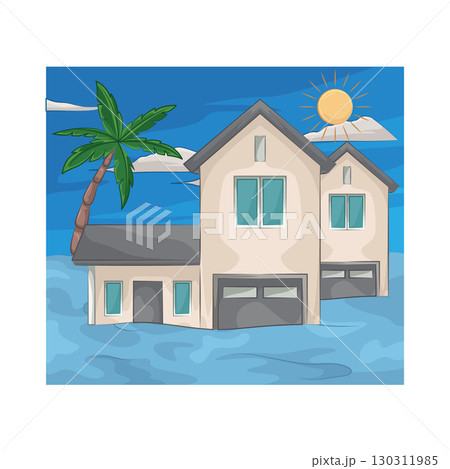 Illustration of a house submerged in floodwater Illustration of a house submerged in floodwater 130311985