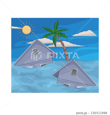Illustration of a house submerged in floodwater 130311986