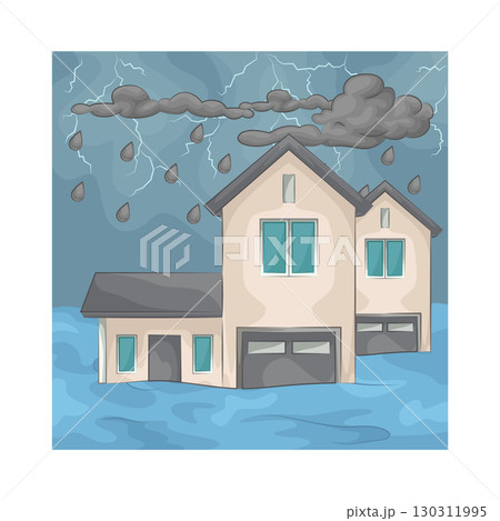 Illustration of a house submerged in floodwater 130311995