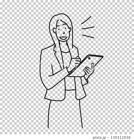 圖庫插圖: 女性商務人士線條畫用平板電腦解釋 130312036