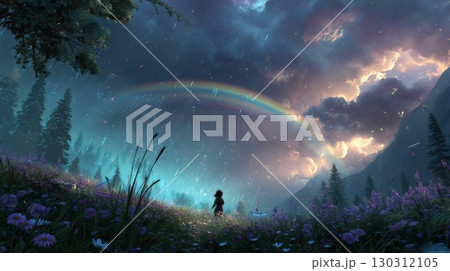 夏の雨上がりに虹を追いかける子供の幻想風景 130312105