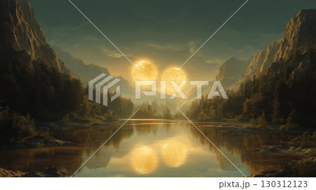 双子の太陽を映す幻想的な湖と神秘の風景 130312123