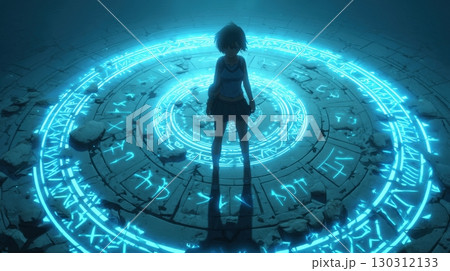 古代の魔法陣に立つ少女の神秘的なファンタジー 130312133