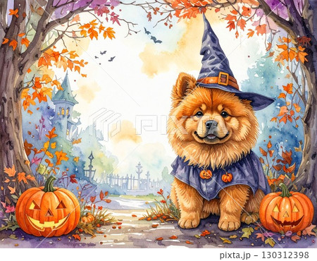 魔法使い仮装するチャウチャウのハロウィン仕様フレームイラスト3／チラシやポスター用素材 130312398