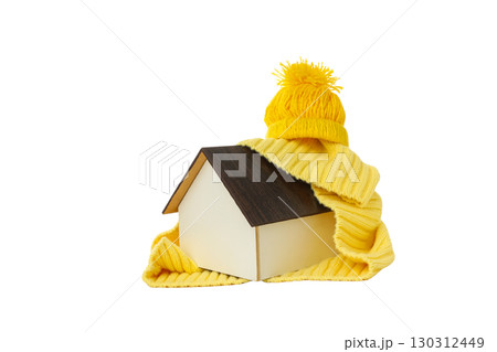 Adorable house in yellow scarf and hat, isolated on white, PNG 130312449