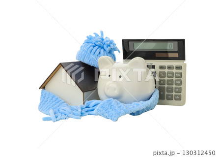 Winter savings: piggy bank and calculator, isolated on white, PNG Winter savings: piggy bank and calculator, isolated on white, PNG 130312450