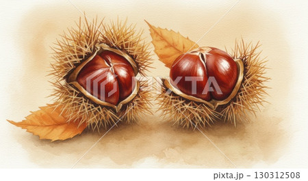 栗の水彩画イラスト 130312508