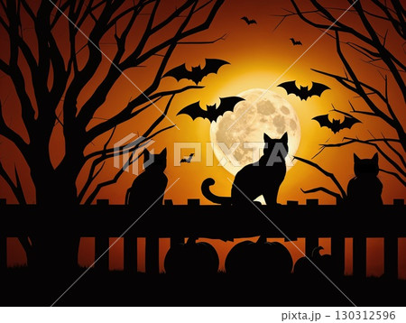 黒猫と満月のシルエット ハロウィン背景イラスト2 130312596