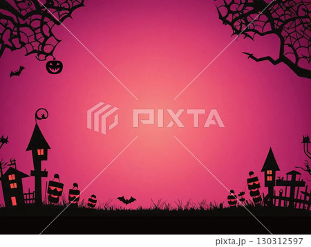ハロウィン背景素材 ピンク色の夜空とシルエットイラスト 130312597