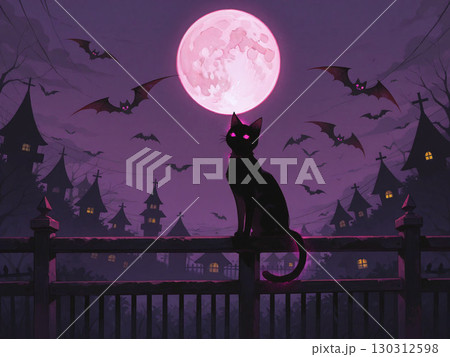 黒猫と満月のシルエット ハロウィン背景イラスト 130312598