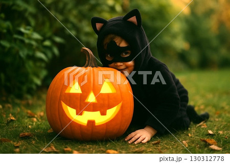 ハロウィン パンプキン ゴースト キャンドル キッズコスチューム 背景素材 130312778