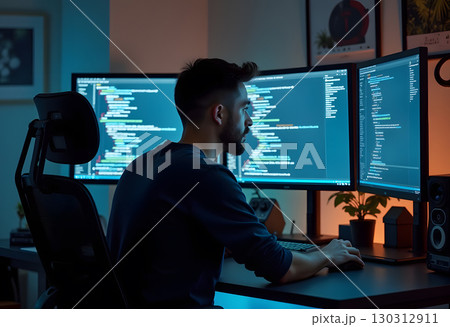 Man Working at Multi-Monitor Setup in Dim Light Intensive Focus Session 130312911