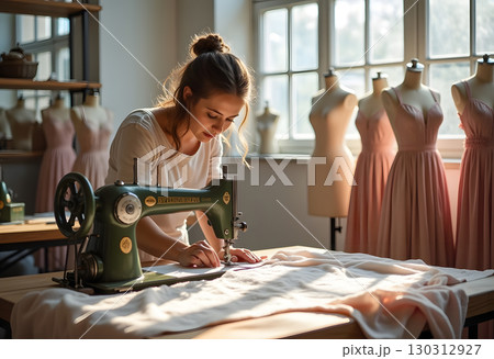 Female Tailor Sewing Ethereal Pastel Dresses Delicate Garment Crafting 130312927